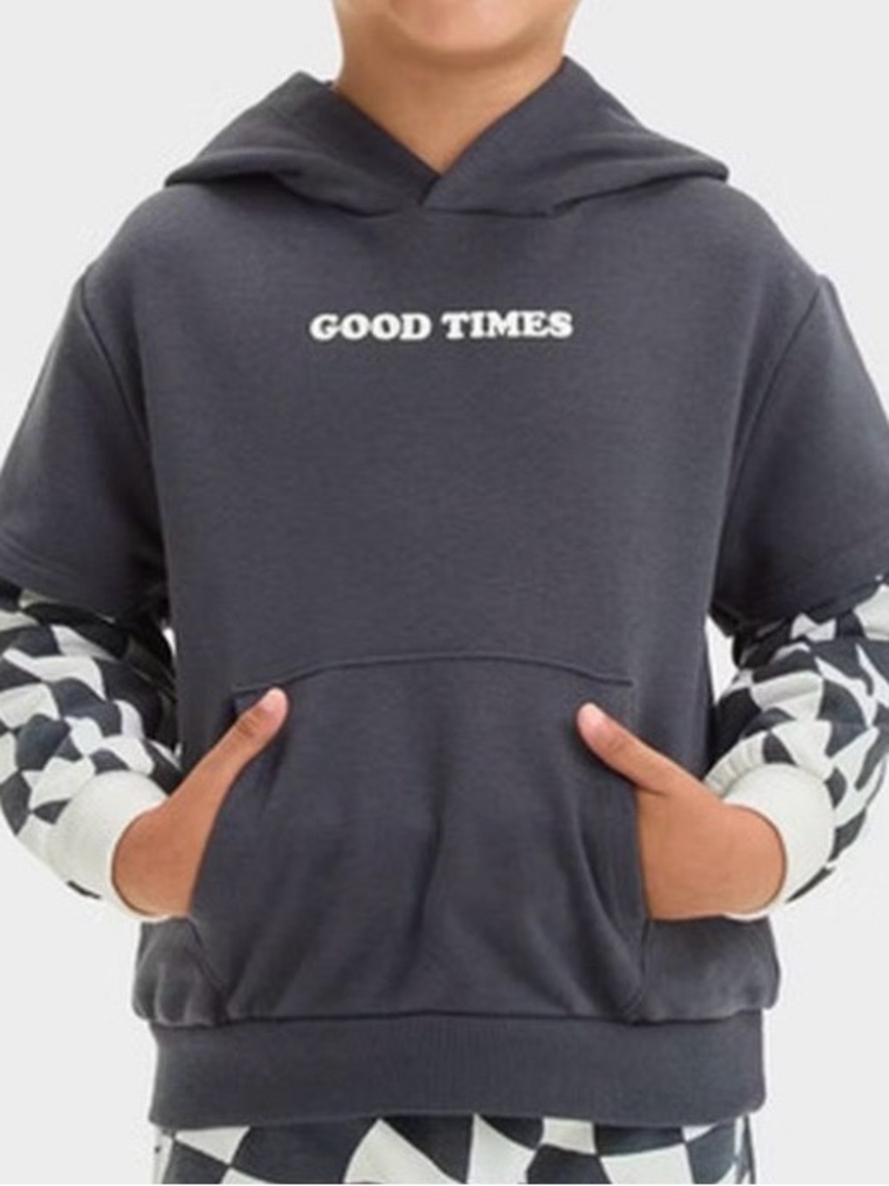 Grayson Mini Good Times Black Kids Hoodie with Checker Sleeve Accents